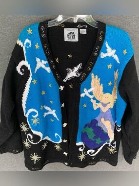 Handknits Storybook Knits Angel Cardigan Sweater Dove Stars Peace on Earth